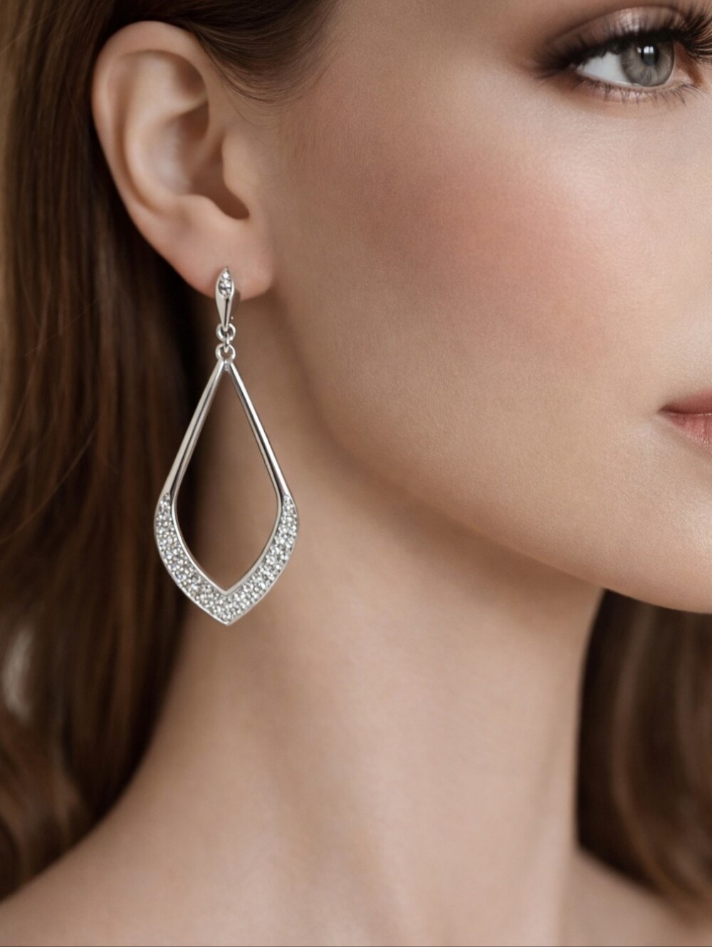 Silver Crystal-Accented Open Teardrop Dangle Earrings – Women’s Fashion Jewelry